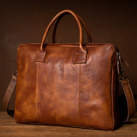 Vintage Leather Mens Brown Briefcase Work Bag Laptop Bag Business Bag for Men