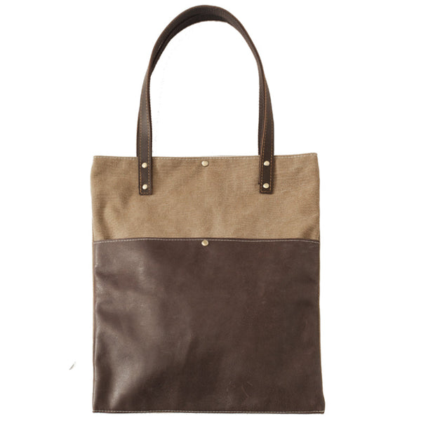 Khaki&Coffee Womens Canvas Leather Tote Bag With Leather Handles 