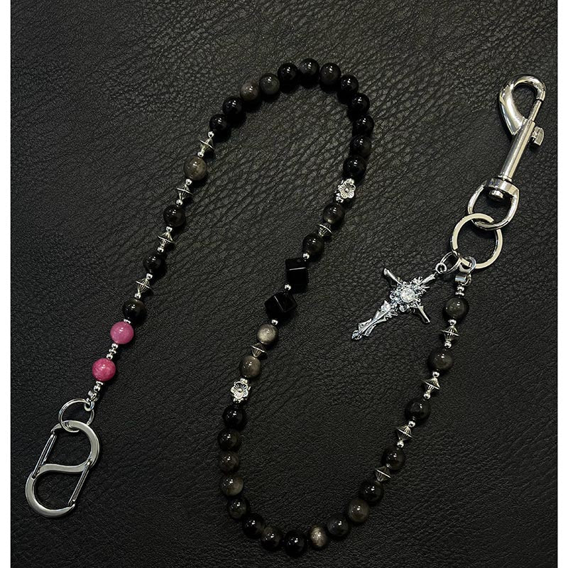 Black Turquoise Stone Bead Wallet Chain Black - Back View