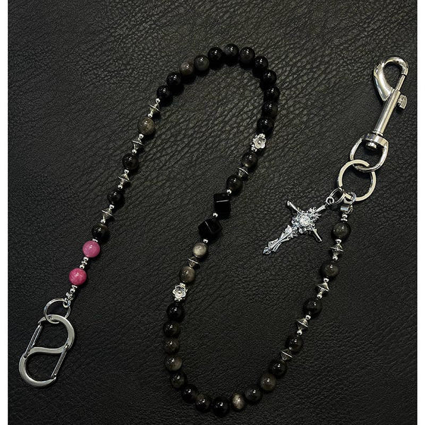 Black Turquoise Stone Bead Wallet Chain Black - Back View