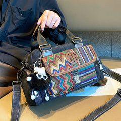Black Gray Boho Handbag Canvas Embroidery Shoulder Bag Black Gray Canvas Crossbody Bag - Feltify