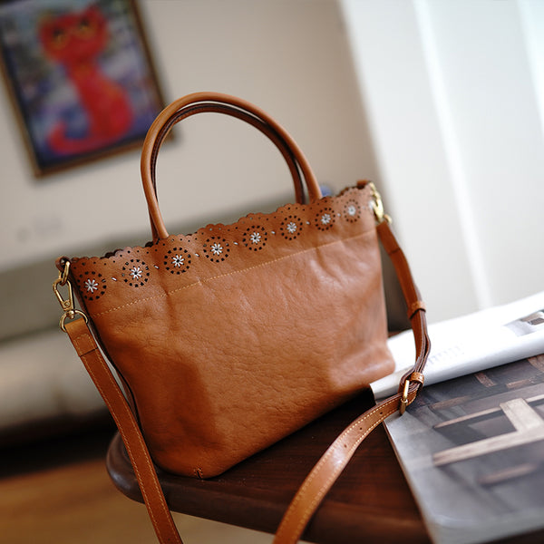 Classic Brown Leather Hollowed Out Flowers Handbag - Chain Detail