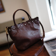 Classic Brown Leather Hollowed Out Flowers Handbag Women Flowers Shoulder Bag for Women
