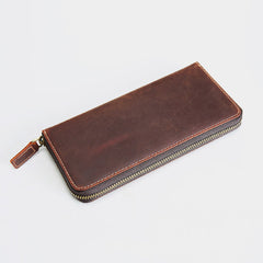 MENS Vintage Coffee LEATHER ZIPPER LONG CLUTCH - Overall View