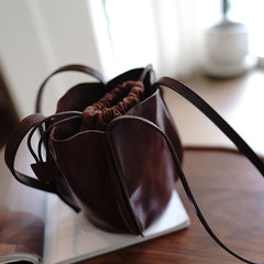 Vintage Womens Coffee Leather Small Bucket Shoulder Bag Flower Bud Bucket Purse for Women