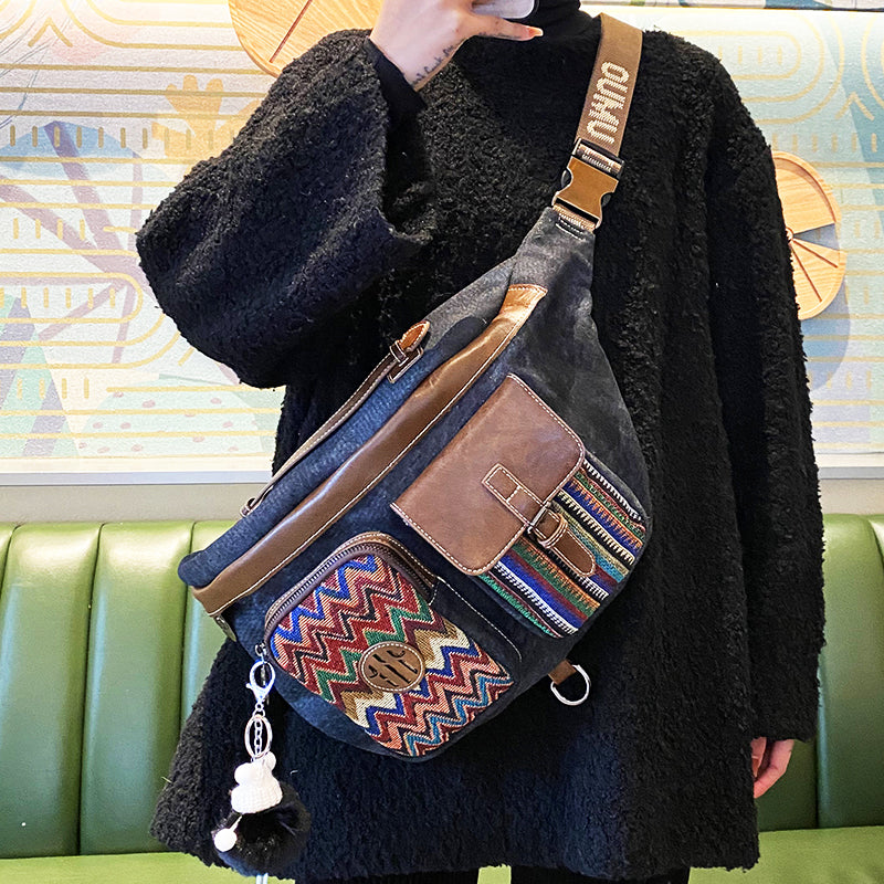 Canvas Boho Sling Bag Womens Crossbody Backpack Canvas Boho Embroidery Waist Bag - Feltify