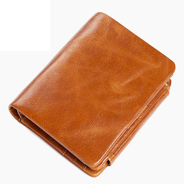 Bronze full-grain leather trifold wallet standing, studio shot