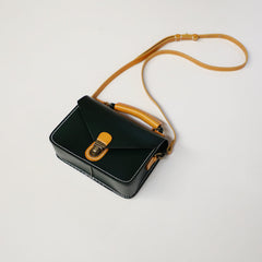 Handmade Womens Green Leather Cube Satchel Purse Womens School Shoulder Bag for Ladies