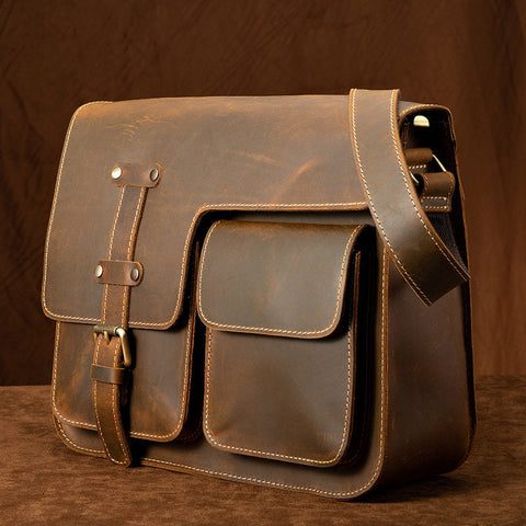 Brown Leather Messenger Bag - Front View