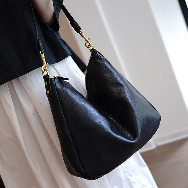 Vintage Black Leather Shoulder Tote Women Crossbody - Stitching Detail