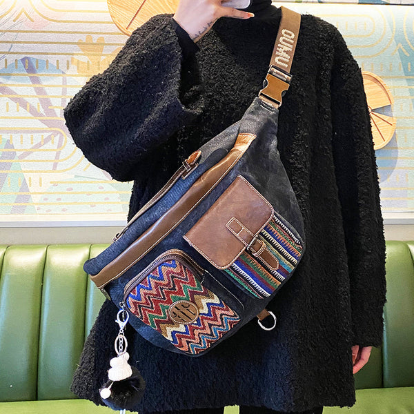 Canvas Boho Sling Bag Womens Crossbody Backpack Canvas Boho Embroidery Waist Bag - Feltify