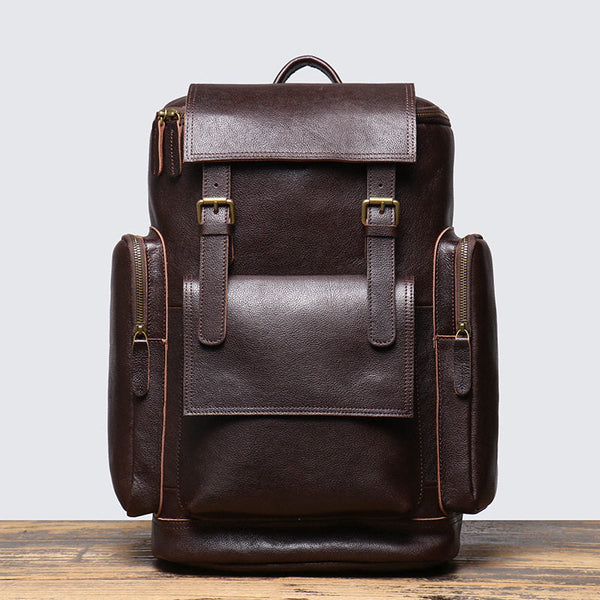 Coffee Large Leather Backpack for 15 inch Laptop