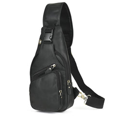 Black leather chest sling bag with front zip pockets