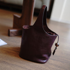 Vintage Brown Leather Small Bucket Handbag Women Handmade Small Barrel Bag for Women