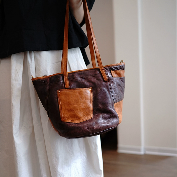 Vintage Coffee Leather Stitching Style Shoulder Tote - Stitching Detail