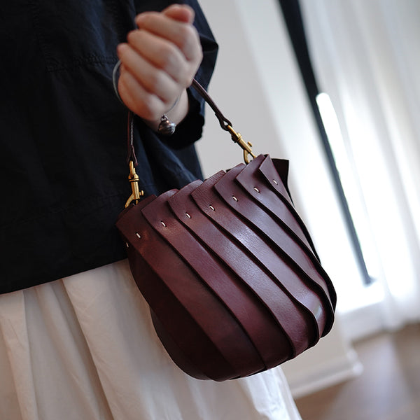 Vintage Coffee Leather Splicing Bucket Handbag Women - Bill Slots Detail