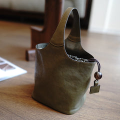 Vintage Green Leather Small Bucket Handbag Women Handmade Small Barrel Bag for Women