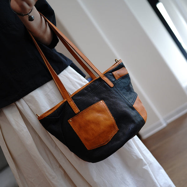 Vintage Black Leather Stitching Style Shoulder Tote - Overall View