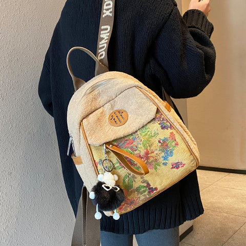 Black Gray Embroidery Canvas Backpack Boho Style Backpack Vintage Convertible Boho Crossbody Bag - Feltify