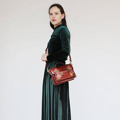 Womens Brown Small Leather Satchel Crossbody Bag Vintage School Handbag Shoulder Bag for Ladies