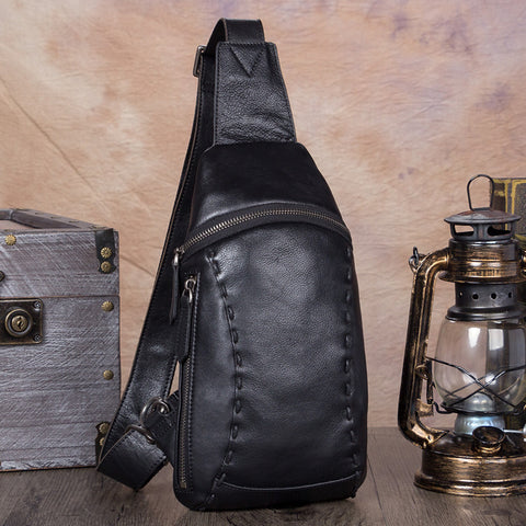 Cool Mens Black Leather Sling Bag Chest Bag Soft Black One Shoulder Backpack Sling Backpack for men