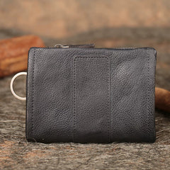Charcoal gray leather biker wallet with welded metal key ring, front view