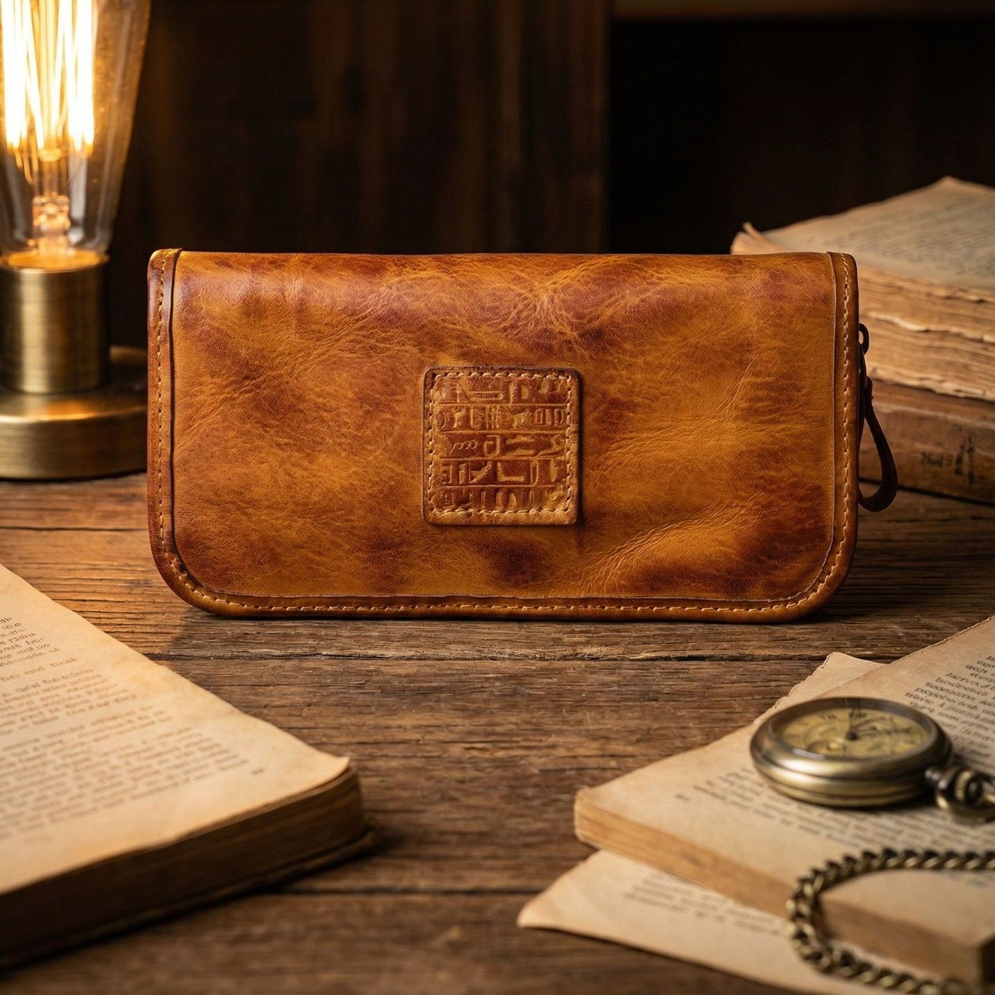 Open vintage zip clutch showing dual-side card slots and center zip pocket