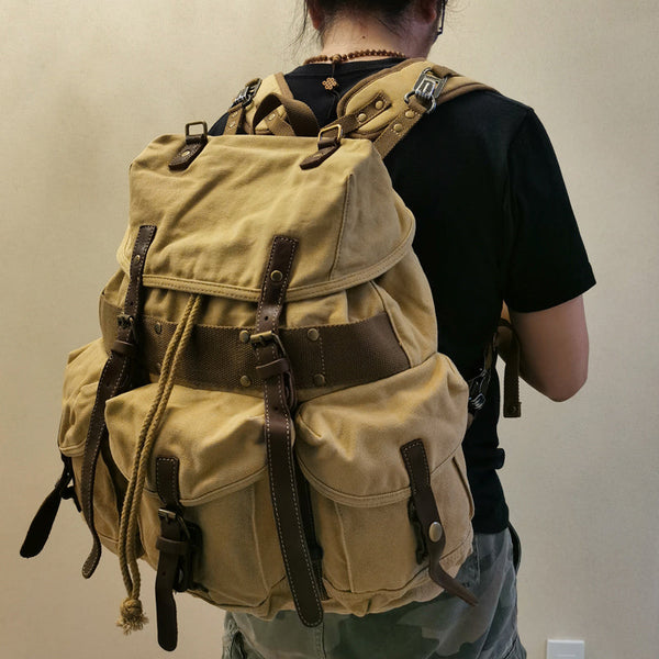 Army Green Canvas Travel Backpack for Men Canvas EDC Backpack Mens Canvas Hiking LSB02281008