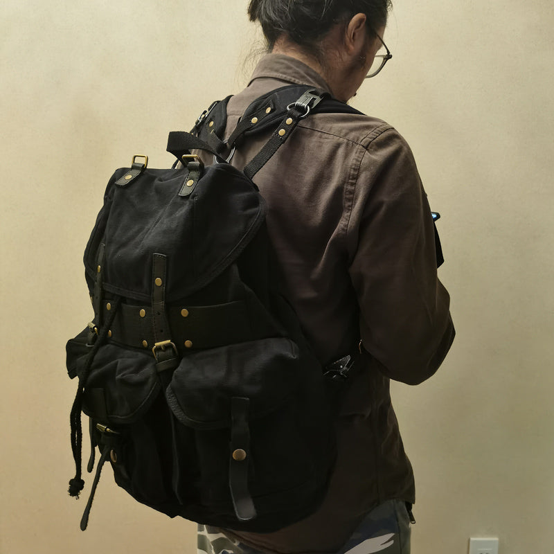 black leather canvas caravan backpack Black Mens Canvas Travel Backpack Canvas EDC Backpack Hiking Backpacks for Men