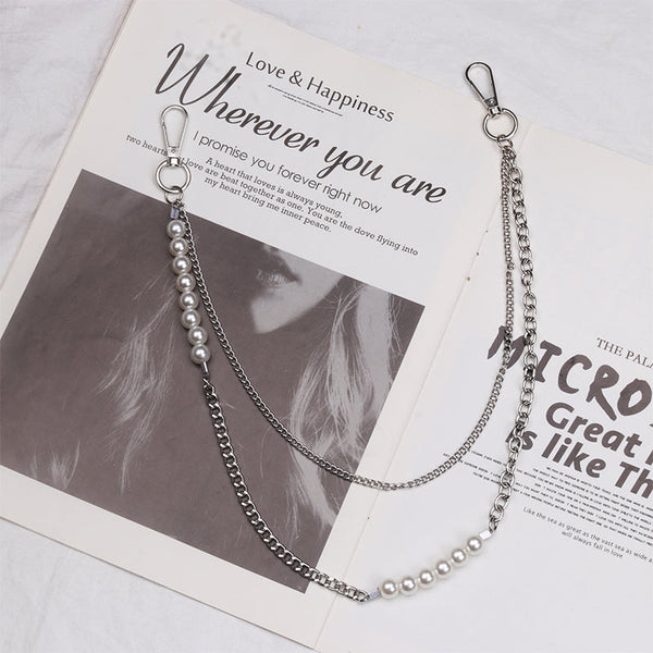 Cute Womens Pearls Jeans Chain Silver Double Layers Astronaut Wallet Chains Jeans Chain For Women