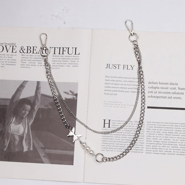 Cute Womens Pearls&Butterfly Jeans Chain Silver Double Layers Astronaut Wallet Chains Jeans Chain For Women