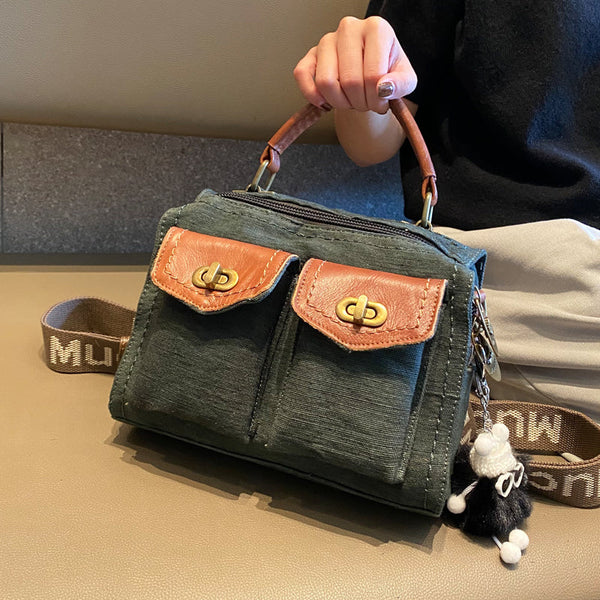 Dark Green Canvas Convertible Backpack Shoulder Bag Canvas Convertible Handbag Crossbody Bag With outside Pockets - Feltify
