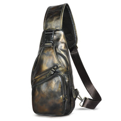Dark green mottled leather chest bag with zip pockets