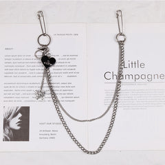 Cute Womens Jeans Chain with Safety Pin Silver Double Layers Heart Wallet Chains Jeans Chain For Women