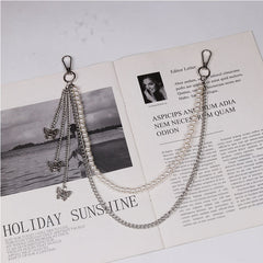 Cute Womens Jeans Chain Pearl Chain Silver Double Layers With Butterfly Charms Wallet Chains For Women