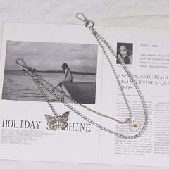 Cute Womens Jeans Chain Silver Double Layers With Butterfly Charm Pants Chain For Women