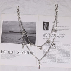 Cute Womens Jeans Chain Silver Double Layers With Butterfly&Cross Charms Pants Chain For Women