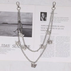 Cute Womens Jeans Chains Silver Double Layers With Butterfly Charms Pants Chain For Women