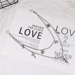 Womens Jeans Chains Silver Double Layers With Heart&Cross Charms Cute Pants Chain For Women