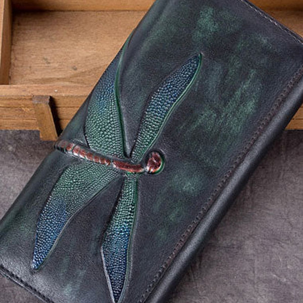 Genuine Leather Wallet Long Dragonfly Wallet Purse For Men Women