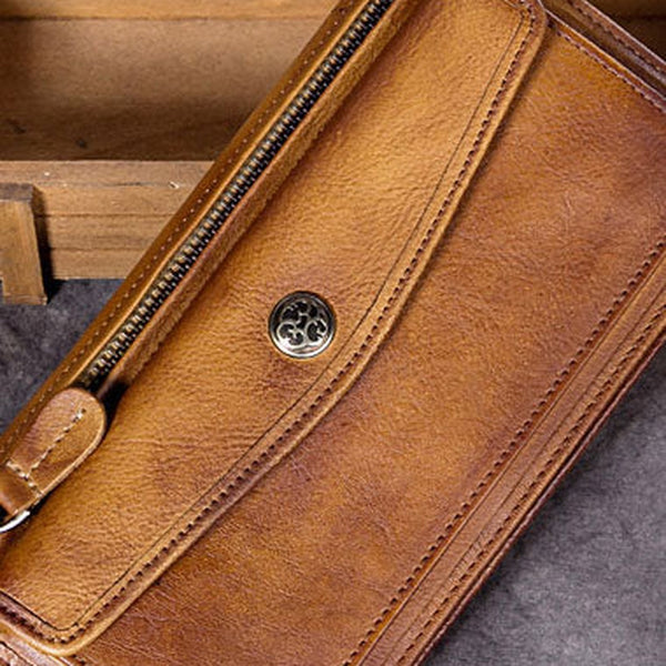 Genuine Leather Wallet Vintage Long Wallet Zip Folded Wallet Purse For Men Women