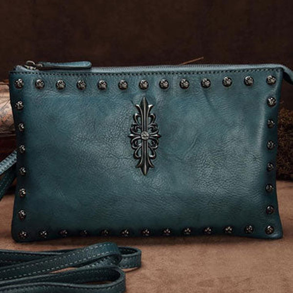 Genuine Leather Rivet Handbag Clutch Vintage Crossbody Bag Shoulder Bag Purse For Women