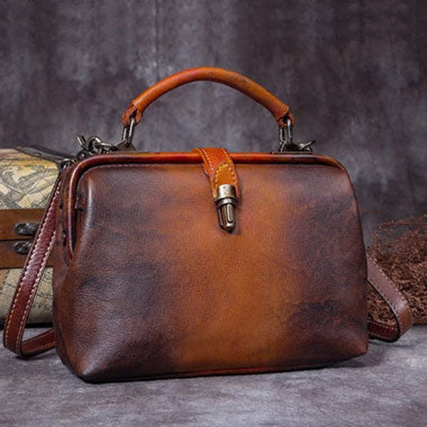 Handmade Coffee&Tan Leather Handbag Vintage Doctor Bag Shoulder Bag Purse For Women