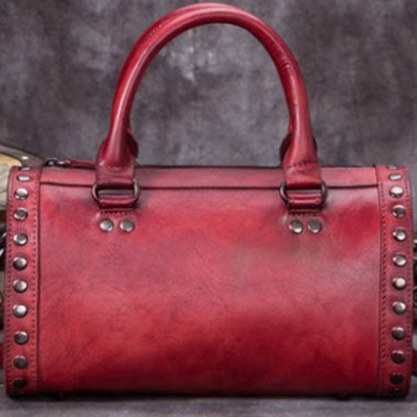 Vintage Leather Boston Handbag Rivet Shoulder Bag Purses For Women