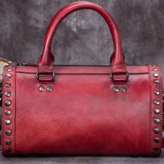 Vintage Leather Boston Handbag Rivet Shoulder Bag Purses For Women