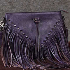 Genuine Leather Bag Vintage Rivet Tassel Bag Crossbody Bag Shoulder Bag Purse For Women