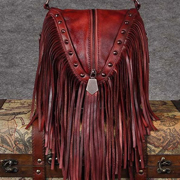 Genuine Leather Handbag Vintage Tassel Bamboo Crossbody Bag Shoulder Bag Purse For Women