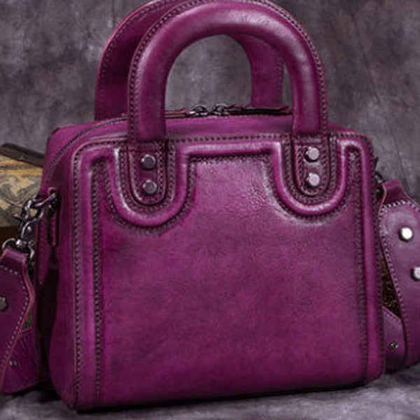 Genuine Leather Handbag Vintage Rivet Crossbody Bag Cube Shoulder Bag Purse For Women
