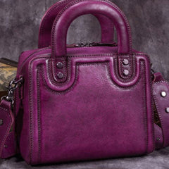 Genuine Leather Handbag Vintage Rivet Crossbody Bag Cube Shoulder Bag Purse For Women