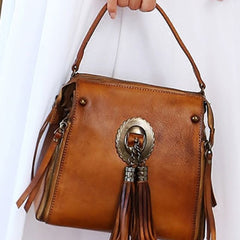 Womens Leather Handbag Vintage Tassel Crossbody Bag Shoulder Bag Purse For Women